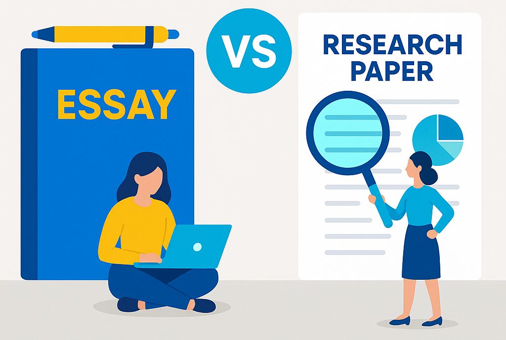 Illustration comparing an essay and a research paper. On the left, a student sits with a laptop in front of a blue notebook labeled 'Essay'. On the right, a woman holds a magnifying glass next to a large document labeled 'Research Paper' with charts. A 'VS' icon separates the two.