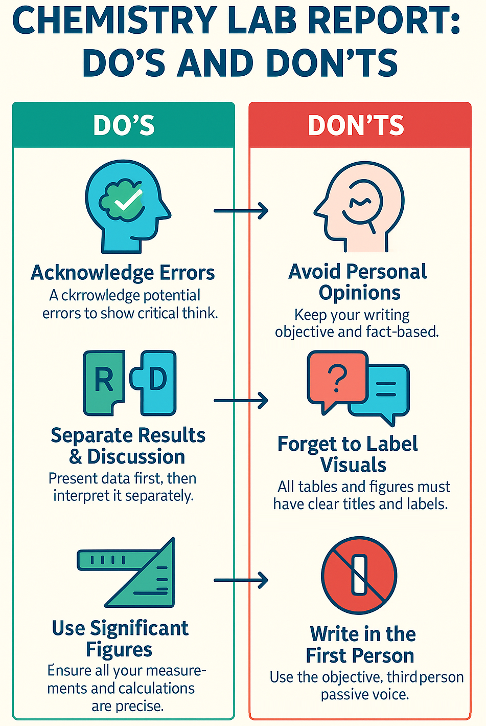 An infographic titled "Chemistry Lab Report: Do's and Don'ts". The Do's column advises to acknowledge errors, separate results from discussion, and use significant figures. The Don'ts column warns against using personal opinions, forgetting to label visuals, and writing in the first person.