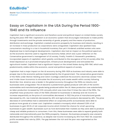 Essay on Capitalism in the USA During the Period 1900-1940 and Its Influence