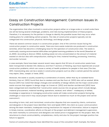 Essay on Construction Management: Common Issues in Construction Projects