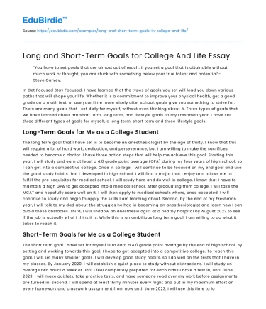 Long and Short-Term Goals for College And Life Essay