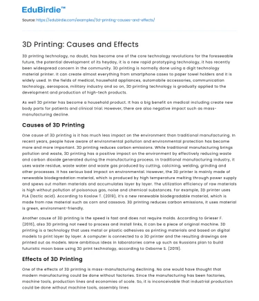 3D Printing: Causes and Effects