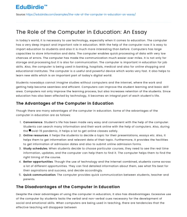 The Role of the Computer in Education: An Essay