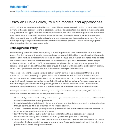 Essay on Public Policy, Its Main Models and Approaches
