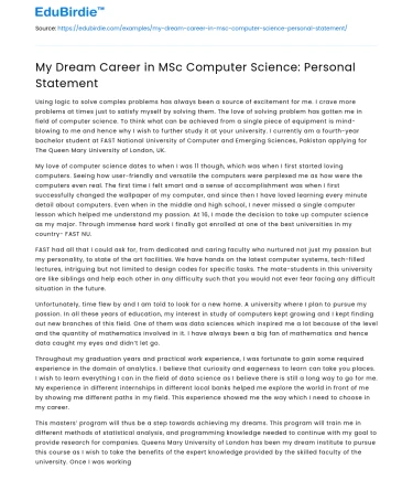My Dream Career in MSc Computer Science: Personal Statement