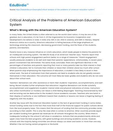 Critical Analysis of the Problems of American Education System