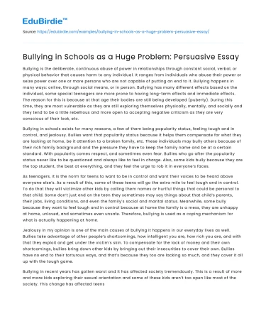 Bullying in Schools as a Huge Problem: Persuasive Essay