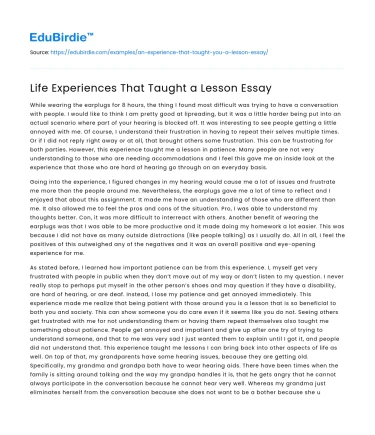 Life Experiences That Taught a Lesson Essay