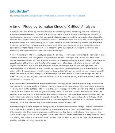 A Small Place by Jamaica Kincaid: Critical Analysis