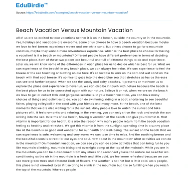 Beach Vacation Versus Mountain Vacation
