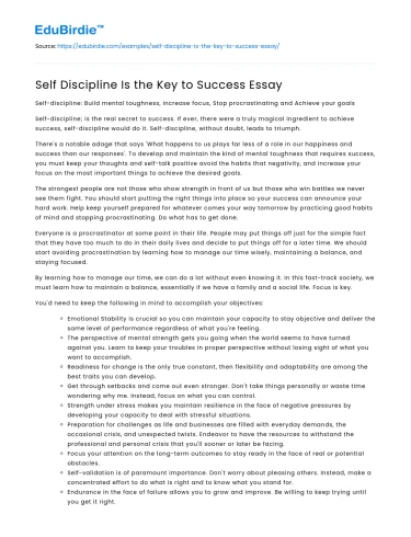 Self Discipline Is the Key to Success Essay