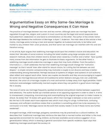 Argumentative Essay on Why Same-Sex Marriage Is Wrong and Negative Consequences It Can Have