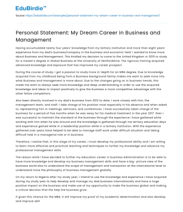 Personal Statement: My Dream Career in Business and Management