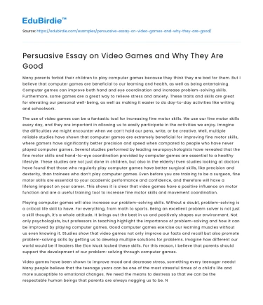 Persuasive Essay on Video Games and Why They Are Good
