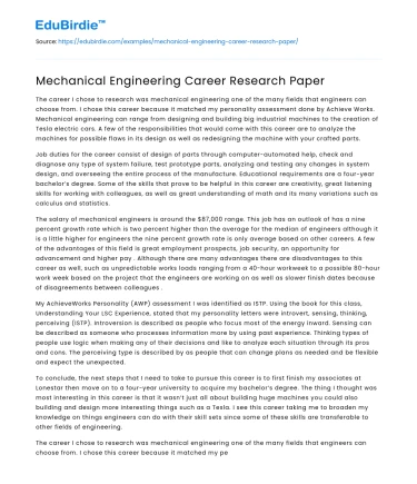 Mechanical Engineering Career Research Paper