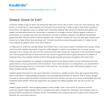 Greed: Good Or Evil?