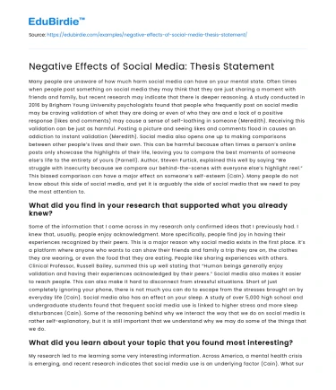 Negative Effects of Social Media: Thesis Statement