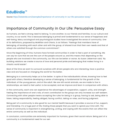 Importance of Community in Our Life: Persuasive Essay
