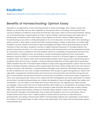 Benefits of Homeschooling: Opinion Essay