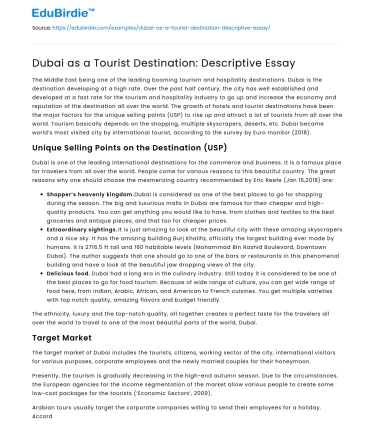 Dubai as a Tourist Destination: Descriptive Essay
