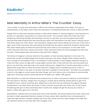 Mob Mentality in Arthur Miller’s ‘The Crucible’: Essay