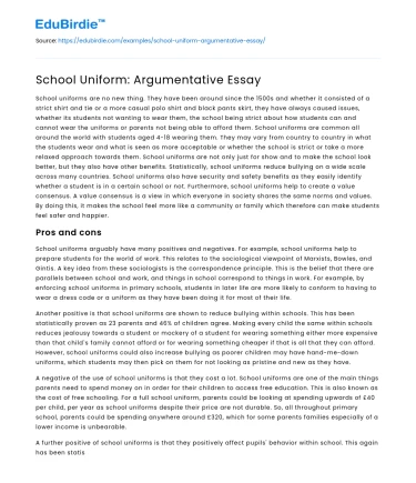 School Uniform: Argumentative Essay