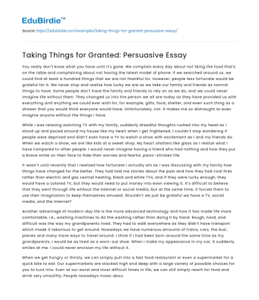 Taking Things for Granted: Persuasive Essay