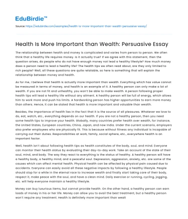 Health Is More Important than Wealth: Persuasive Essay