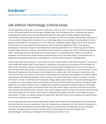 Life without Technology: Critical Essay