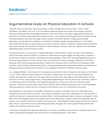 Argumentative Essay on Physical Education in Schools