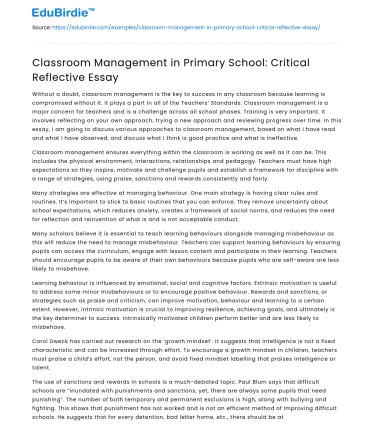 Classroom Management in Primary School: Critical Reflective Essay