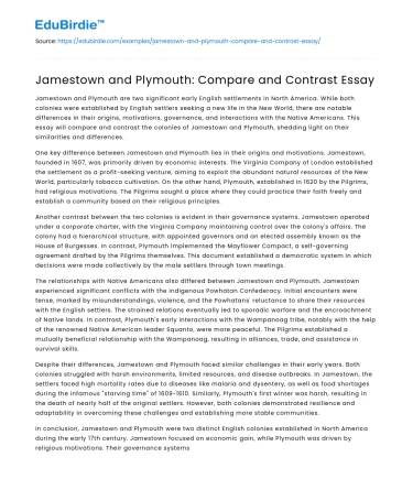 Jamestown and Plymouth: Compare and Contrast Essay