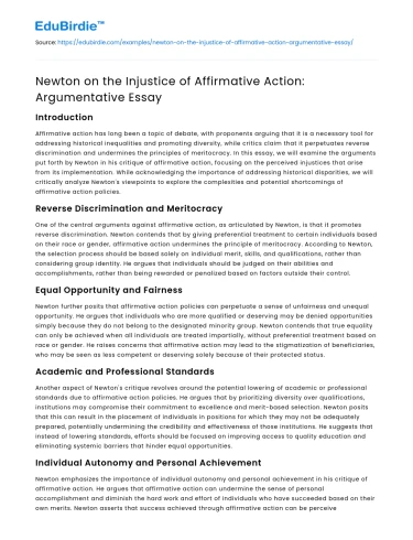 Newton on the Injustice of Affirmative Action: Argumentative Essay