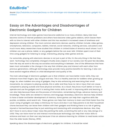 Essay on the Advantages and Disadvantages of Electronic Gadgets for Children