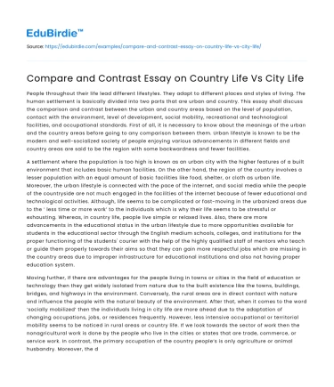 Compare and Contrast Essay on Country Life Vs City Life