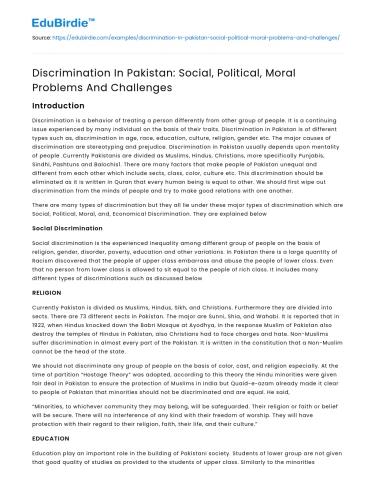 Discrimination In Pakistan: Social, Political, Moral Problems And Challenges