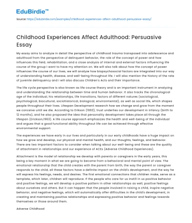 Childhood Experiences Affect Adulthood: Persuasive Essay