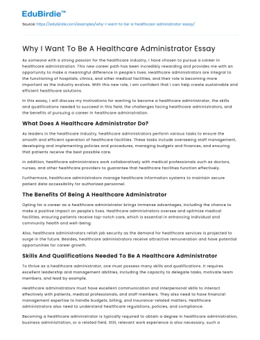 Why I Want To Be A Healthcare Administrator Essay