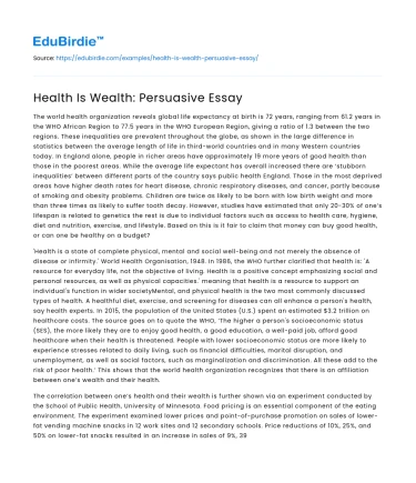 Health Is Wealth: Persuasive Essay
