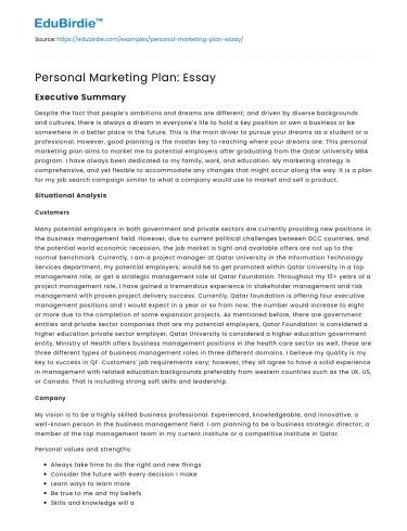 Personal Marketing Plan: Essay