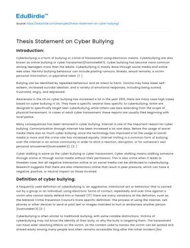 Thesis Statement on Cyber Bullying