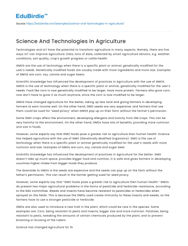 Science And Technologies In Agriculture