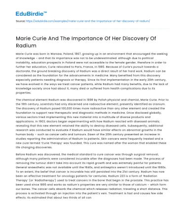 Marie Curie And The Importance Of Her Discovery Of Radium