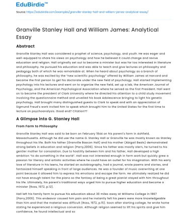 Granville Stanley Hall and William James: Analytical Essay