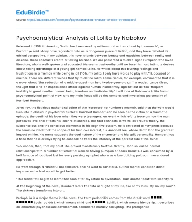Psychoanalytical Analysis of Lolita by Nabokov