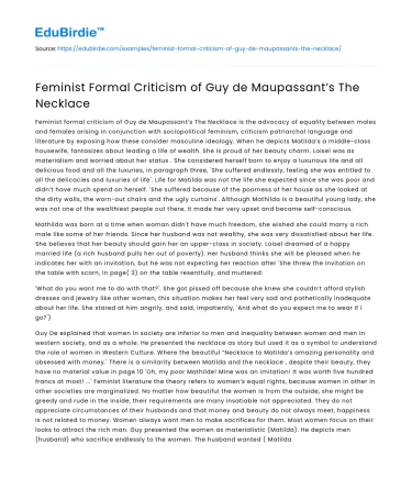 Feminist Formal Criticism of Guy de Maupassant’s The Necklace
