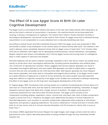 The Effect Of A Low Apgar Score At Birth On Later Cognitive Development