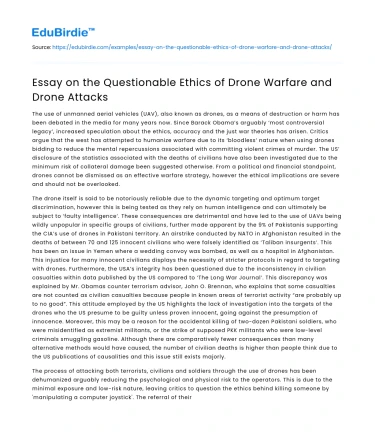 Essay on the Questionable Ethics of Drone Warfare and Drone Attacks