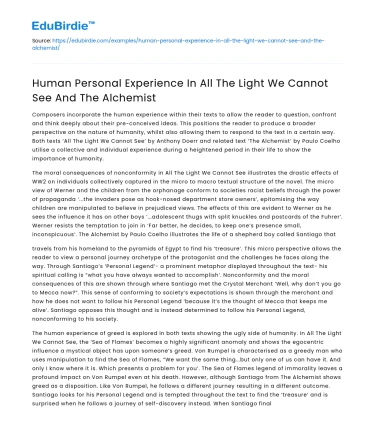 Human Personal Experience In All The Light We Cannot See And The Alchemist