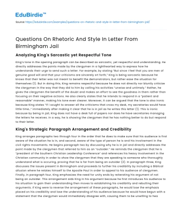 Questions On Rhetoric And Style In Letter From Birmingham Jail